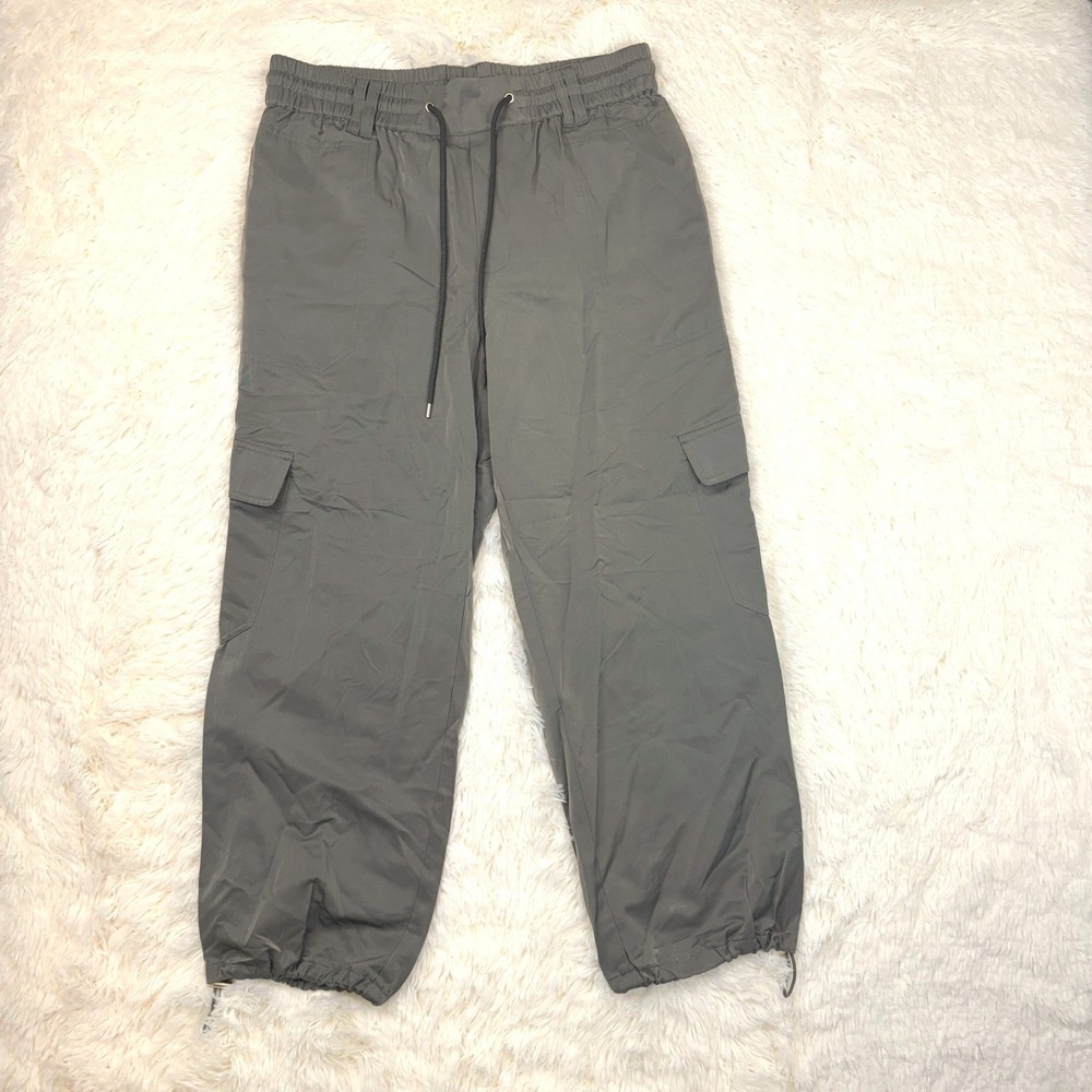 Democracy Satiny Cargo Pants Women Large Olive Green High Rise Toggle Hem